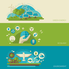 Flat design vector concept illustration with icons of ecology, environment, green energy and pollution. Save world. Save the planet. Save the Earth. Creative concept of Eco Technology.