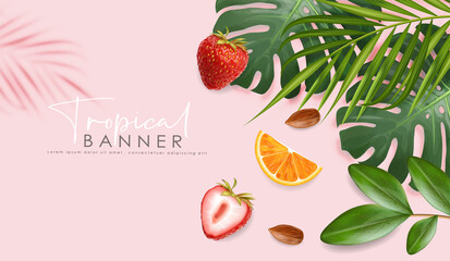 Realistic summer banner with fresh fruits and tropical leaves, hello summer, tropical card, strawberry, almond nuts and orange, vector illustration