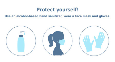 Vector illustration 'Protect yourself! Use an alcohol-based hand sanitizer, wear a face mask and gloves'. 3 icons set. Personal protective equipment items. Infographic for health posters and banners.