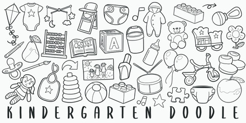 Kindergarten Baby Doodle Line Art Illustration. Hand Drawn Vector Clip Art. Banner Set Logos.