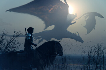 Brave epic knight riding horse on a sunset landscape with flying big dragons - concept art - 3D rendering  © danielegay