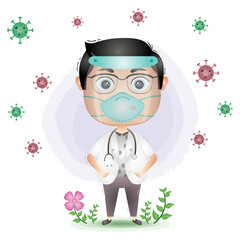 a Cute male doctor character using face shield and mask. Covid-19, coronavirus vector illustration