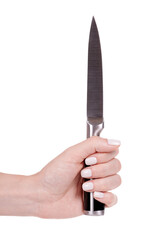 Hand with steel kitchen knife, domestic utensil. Isolated on white background.