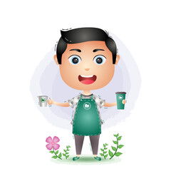 a Cute barista boy is making coffee character cartoon vector