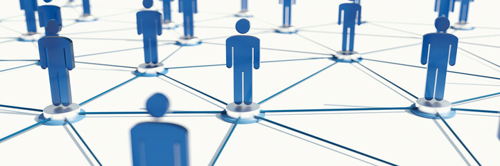 3d Render illustration of teamwork network and community concept, blue color, people connected on white background