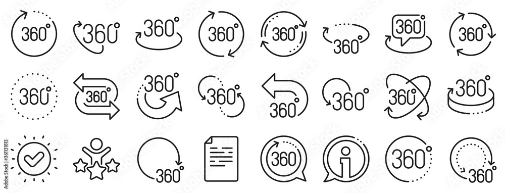 Poster rotate arrow, vr panoramic simulation and augmented reality. 360 degree line icons. 360 degree virtu