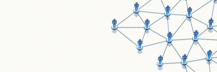 3d Render illustration of teamwork network and community concept, blue color, people connected on white background with copy space