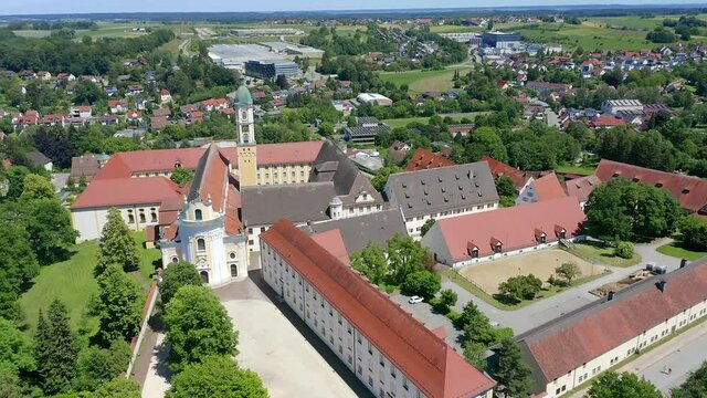 Aerial view, flight at Ochsenhausen monastery, with St. Georg monastery church, Ochsenhausen, Biberach district, Upper Swabia, Baden-W&uuml;rttemberg, Germany
