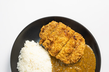 Tonkatsu Curry Rice (Japanese deep-fried pork cutlet with Curry rice). top view on white background. flat lay.