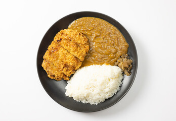 Tonkatsu Curry Rice (Japanese deep-fried pork cutlet with Curry rice). top view on white background. flat lay.