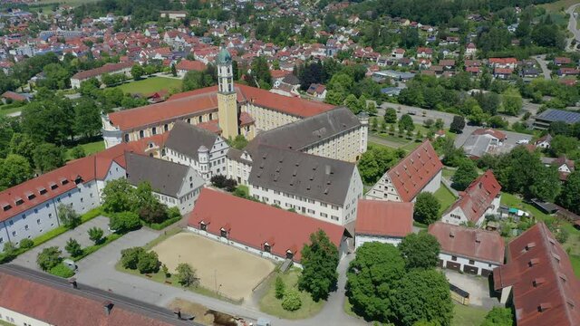 Aerial view, flight at Ochsenhausen monastery, with St. Georg monastery church, Ochsenhausen, Biberach district, Upper Swabia, Baden-W&uuml;rttemberg, Germany