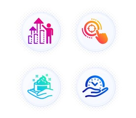 Employee results, Skin care and Seo target icons simple set. Button with halftone dots. Safe time sign. Chart, Hand cream, Click aim. Management. People set. Vector