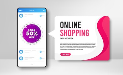 Phone banner template. Sale 50% off badge. Discount banner shape. Coupon bubble icon. Social media banner with smartphone screen. Online shopping web template. Sale 50% promotion badge. Vector