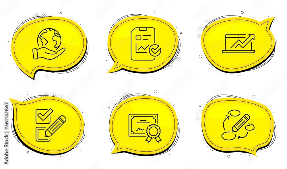 Poster checkbox sign. diploma certificate, save planet chat bubbles. sales diagram, report checklist and ke