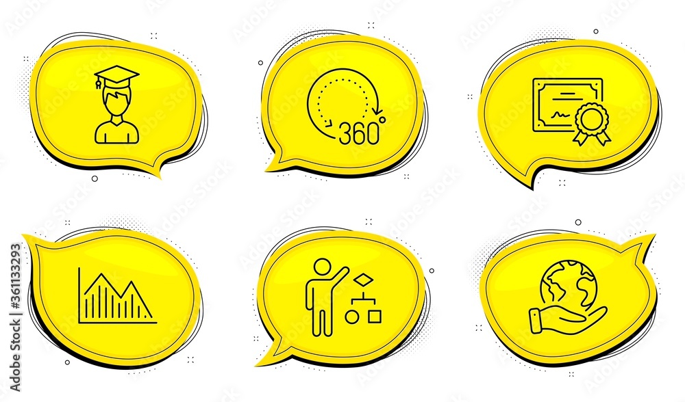 Poster student sign. diploma certificate, save planet chat bubbles. algorithm, 360 degrees and investment g