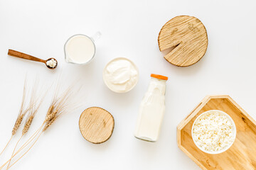 Cottage cheese, milk, cream. Healthy food for breakfast top view