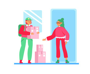 Delivery man holding cardboard box wearing. Food delivery person in flat style. Vector cartoon illustration on the theme of order delivery, express delivery. Courier delivered the box to the customer