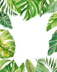 Tropical exotic watercolor floral illustration - leaf wreath / frame in geometric shape for wedding stationary, greetings, wallpapers, fashion, background. Palm, fern, banana, green leaves.