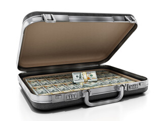 Open classic briefcase full of money isolated on white background. 3D illustration