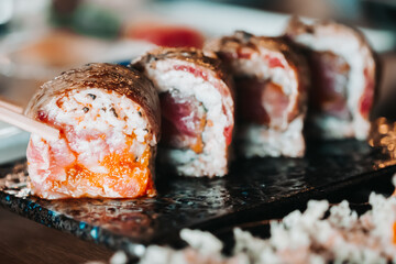 Close up Wagyu sushi. A popular Japanese food