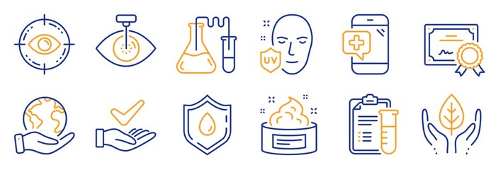 Set of Healthcare icons, such as Skin cream, Chemistry lab. Certificate, save planet. Uv protection, Medical phone, Eye target. Fair trade, Dermatologically tested, Eye laser. Vector