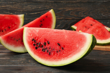 Composition with watermelon slices on wooden background. Summer fruit