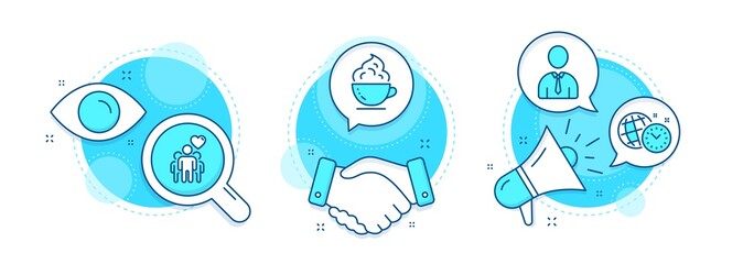 Human, Coffee cup and Time management line icons set. Handshake deal, research and promotion complex icons. Friendship sign. Person profile, Whipped cream, World clock. Trust friends. Vector