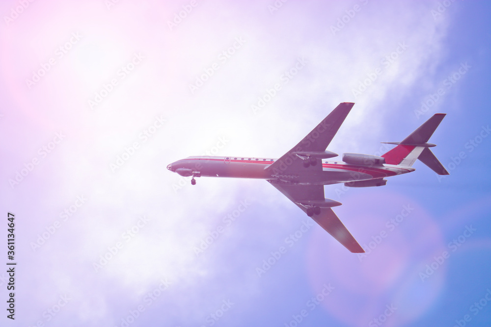 Wall mural passenger airliner flying in the blue sky. the concept of vacation, business trip, dream. commercial