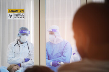 covid 19 coronavirus disease control experts and doctor treating infected patient serious cases...