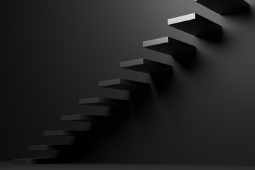 Ascending black stairs in black room, abstract 3D illustration