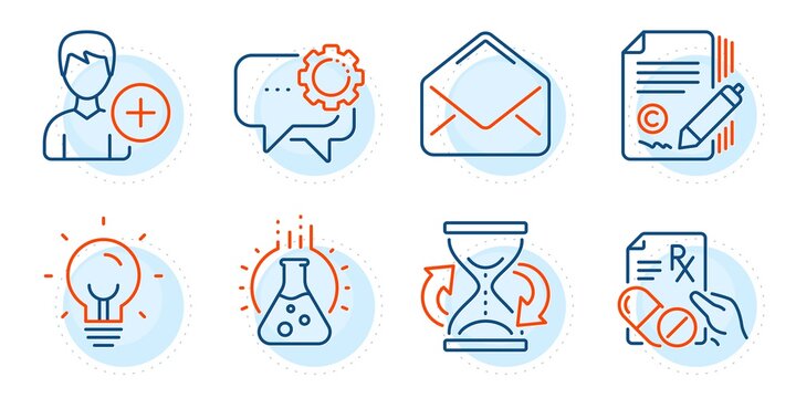 Employees Messenger, Chemistry Lab And Add Person Signs. Hourglass, Energy And Prescription Drugs Line Icons Set. Copywriting, Mail Symbols. Sand Watch, Lightbulb. Business Set. Vector