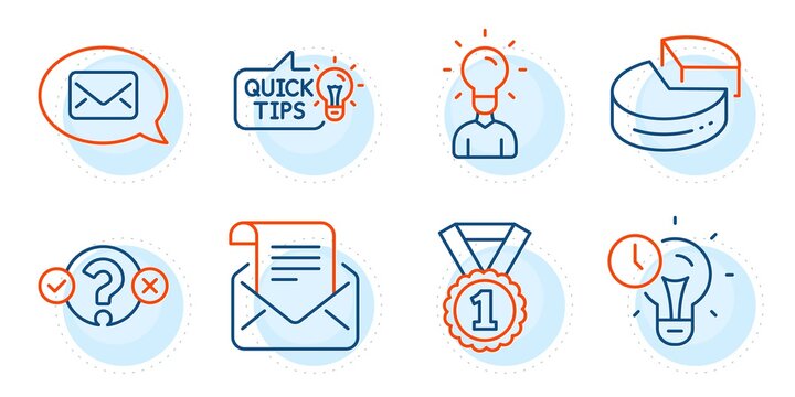 Pie chart, Quiz test and Messenger signs. Best rank, Time management and Mail newsletter line icons set. Education, Education idea symbols. Success medal, Idea lightbulb. Education set. Vector