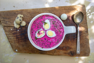 summer cold beetroot soup with quail eggs. Polish cuisine