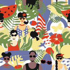 Fototapeta na wymiar Summer seamless pattern, stylish people white and Afro-Americans in summer clothes and with summer attributes - surfboard and watermelon, sun and lifebuoy. Bright summer pattern, vector, flat style