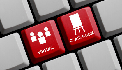 Digitales Lernen - Virtual Classroom auf roter Computer Tastatur