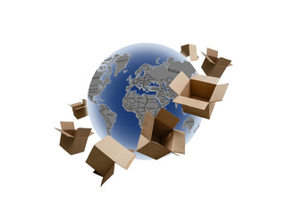shipping boxes around the earth, e-commerce online shopping and logistics shipping import export