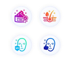 Cream, Serum oil and Uv protection icons simple set. Button with halftone dots. Healthy face sign. Best lotion, Healthy hairs, Ultraviolet. Beauty set. Gradient flat cream icon. Vector