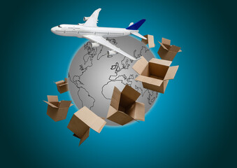 Aerial of cargo ship carrying container and running for export goods from cargo yard port to other ocean concept freight shipping ship and line connection wifi around earth technology .