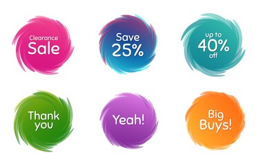 Swirl motion circles. Clearance sale, 40% discount and save 25%. Thank you phrase. Sale shopping text. Twisting bubbles with phrases. Spiral texting boxes. Big buys slogan. Vector