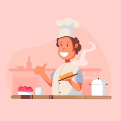 Cartoon cook chef illustration, restaurant cook chef hat and cook uniform, professions job, vector character restaurant staff flat design, chef brings food, food service professional