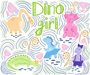 Fototapeta na wymiar Dino girls with abstract background, fern and flowers in a flat style. Suitable for children's books, textiles, t-shirts, covers, banners.