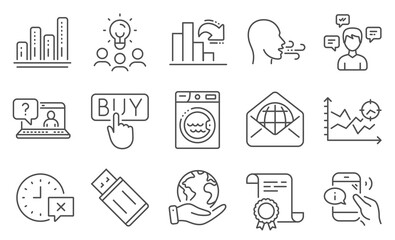 Fototapeta na wymiar Set of Technology icons, such as Laundry, Conversation messages. Diploma, ideas, save planet. Buying, Seo analysis, Breathing exercise. Call center, Decreasing graph, Usb flash. Vector