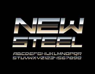 Vector New Steel reflective Font. Techno style Alphabet. Metal shiny Letters and Numbers