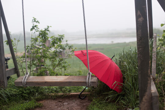 Empty wooden swing hanging from a large tree on a ropes with red umbrella.