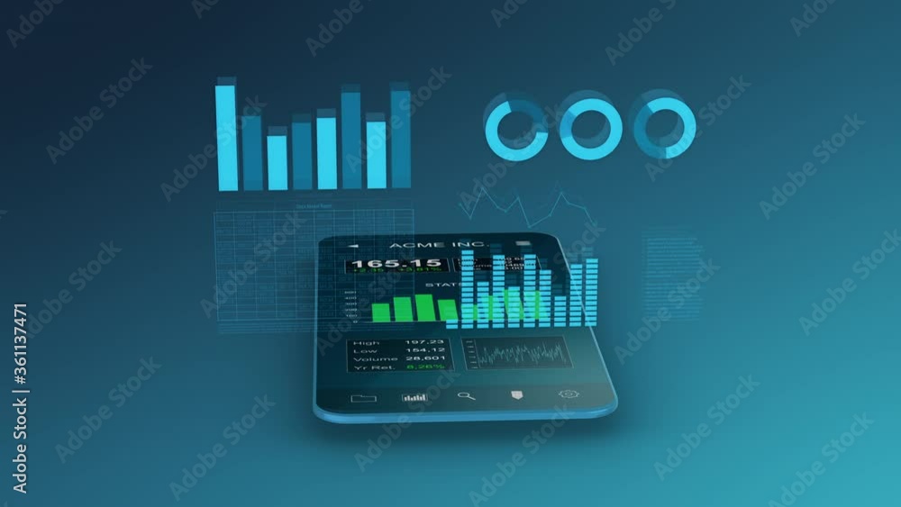 Poster modern smartphone with a stock market app, futuristic holographic interface with charts and data, lu