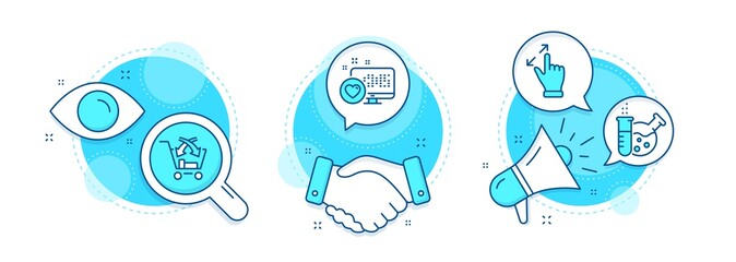 Cross sell, Chemistry lab and Heart line icons set. Handshake deal, research and promotion complex icons. Touchscreen gesture sign. Market retail, Laboratory, Social media. Zoom in. Vector