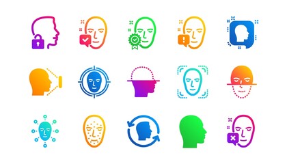 Biometrics detection, Face id and scanning. Face recognize icons. Identification classic icon set. Gradient patterns. Quality signs set. Vector