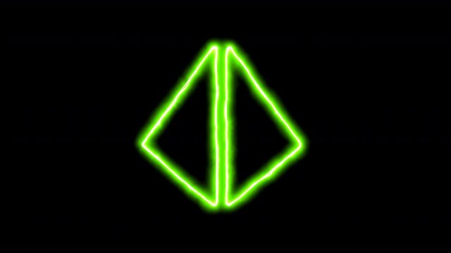 The appearance of the green neon symbol dice d4. Flicker, In - Out. Alpha channel Premultiplied - Matted with color black