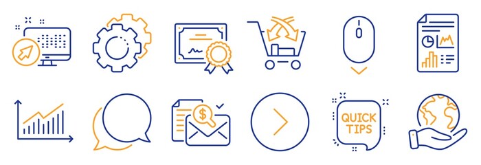 Set of Technology icons, such as Forward, Settings gears. Certificate, save planet. Scroll down, Report document, Accounting report. Chat message, Web system, Quick tips. Vector