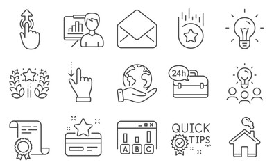 Set of Technology icons, such as Loyalty card, Idea. Diploma, ideas, save planet. Survey results, Quick tips, Loyalty star. Swipe up, 24h service, Presentation board. Ranking, Mail, Home. Vector